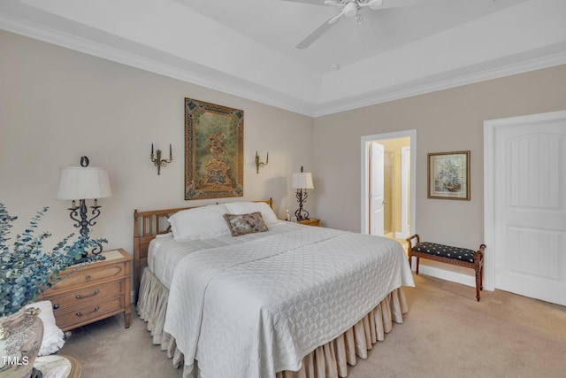 79 Heatherwood Dr, Chapel Hill, NC 27516 - bedroom with light colored carpet, a ceiling fan, ornamental molding, connected bathroom, and a tray ceiling