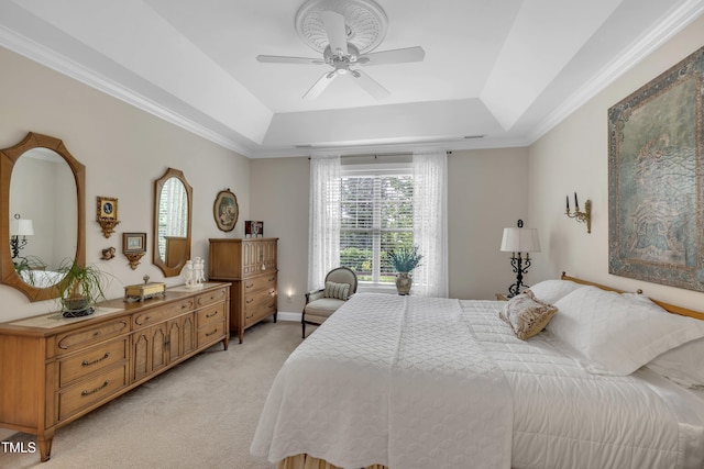 79 Heatherwood Dr, Chapel Hill, NC 27516 - bedroom featuring a raised ceiling, light colored carpet, a ceiling fan, and ornamental molding