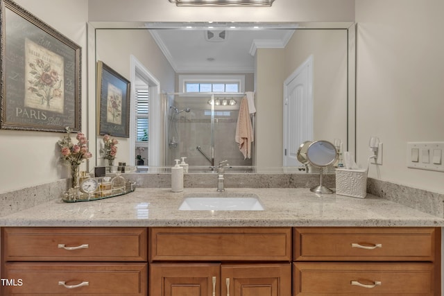 79 Heatherwood Dr, Chapel Hill, NC 27516 - bathroom with a shower stall, vanity, and crown molding