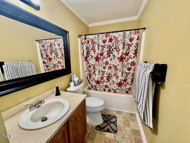 bathroom with crown molding, toilet, vanity, a textured ceiling, and shower / bath combination with curtain