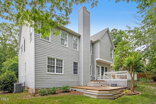 100 Wentbridge Rd, Cary, NC 27519 - rear view of house with central air condition unit, a wooden deck, a chimney, and crawl space