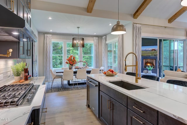 kitchen with appliances with stainless steel finishes, beam ceiling, light wood-type flooring, plenty of natural light, and a sink