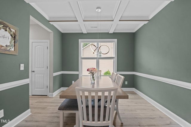 55 Prospectus Ln, Franklinton, NC 27525 - dining space with light wood-type flooring, a chandelier, coffered ceiling, baseboards, and beamed ceiling