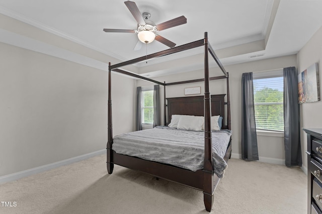 55 Prospectus Ln, Franklinton, NC 27525 - bedroom with light colored carpet, baseboards, a raised ceiling, ceiling fan, and crown molding