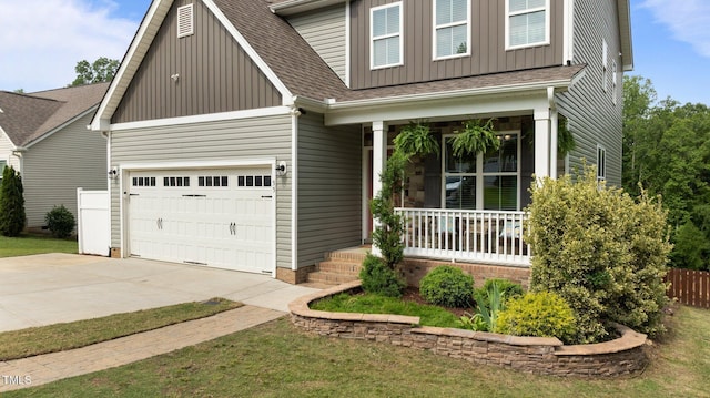 55 Prospectus Ln, Franklinton, NC 27525 - view of front of home featuring a porch, board and batten siding, concrete driveway, a shingled roof, and fence