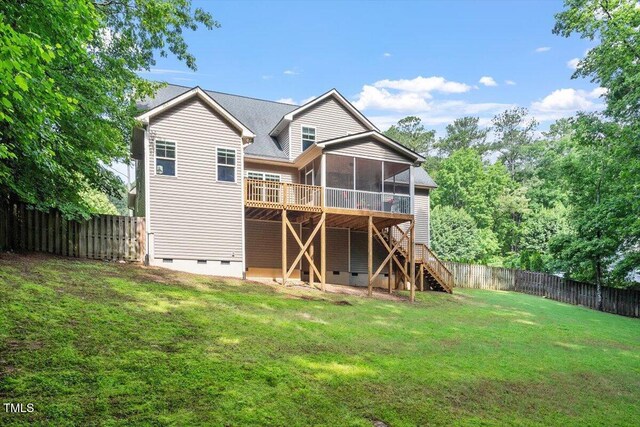 68 Tanners Way, Clayton, NC 27527 - back of property featuring crawl space, a sunroom, stairway, and a wooden deck