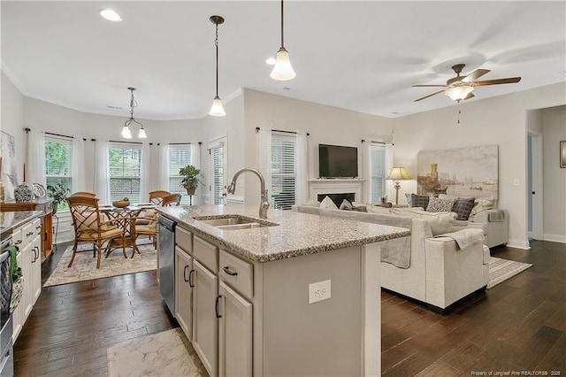 kitchen with a sink, stainless steel dishwasher, dark wood-style flooring, light stone countertops, and recessed lighting