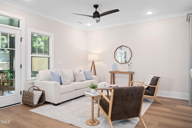 703 E Markham Ave, Durham, NC 27701 - living area with wood finished floors, a ceiling fan, ornamental molding, and recessed lighting
