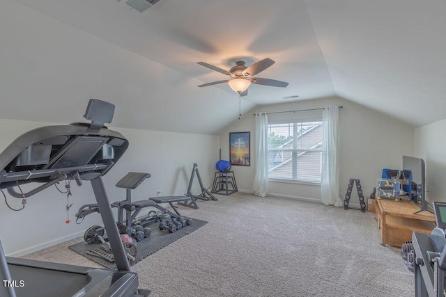 exercise room featuring lofted ceiling, ceiling fan, baseboards, and carpet