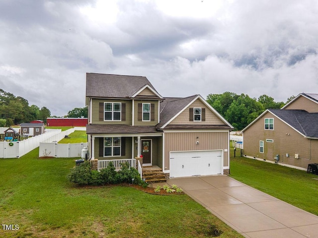 craftsman-style home with a porch, driveway, roof with shingles, and a gate