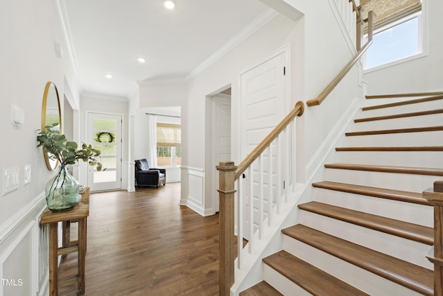 1928 Vandiver Way, Apex, NC 27523 - foyer featuring stairway, ornamental molding, wood finished floors, recessed lighting, and a wainscoted wall