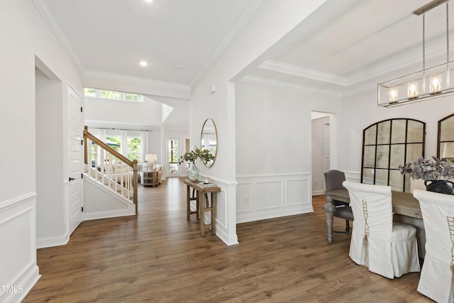 1928 Vandiver Way, Apex, NC 27523 - dining area with a chandelier, stairs, wood finished floors, ornamental molding, and recessed lighting