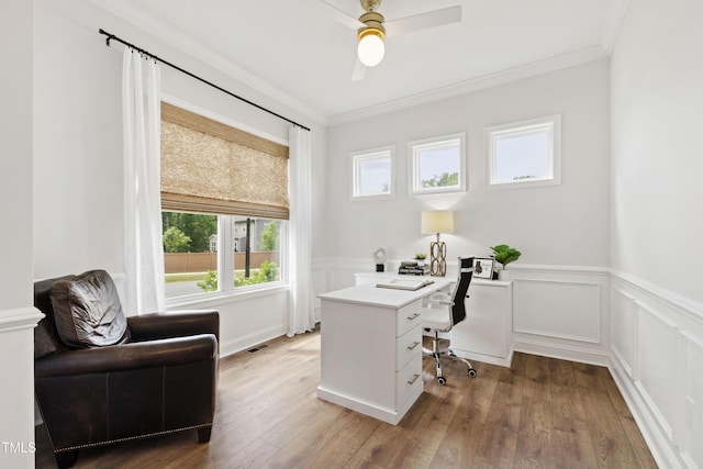 1928 Vandiver Way, Apex, NC 27523 - office area with crown molding, wood-type flooring, wainscoting, and ceiling fan