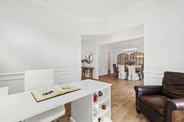 1928 Vandiver Way, Apex, NC 27523 - office featuring ornamental molding, a wainscoted wall, light wood finished floors, a chandelier, and a decorative wall
