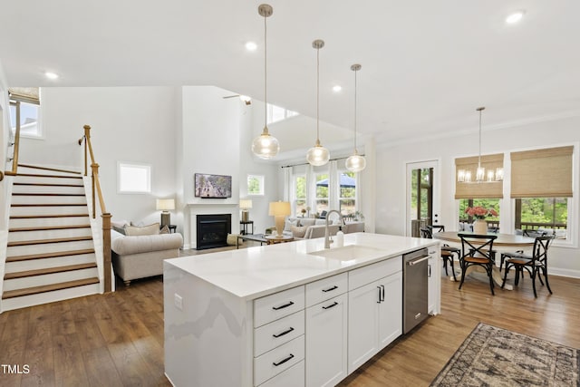1928 Vandiver Way, Apex, NC 27523 - kitchen featuring a sink, stainless steel dishwasher, wood finished floors, a fireplace, and a chandelier