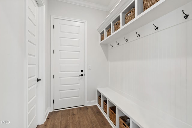 1928 Vandiver Way, Apex, NC 27523 - mudroom featuring ornamental molding, dark wood finished floors, and baseboards