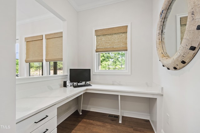 1928 Vandiver Way, Apex, NC 27523 - unfurnished office featuring built in study area, crown molding, dark wood finished floors, and baseboards