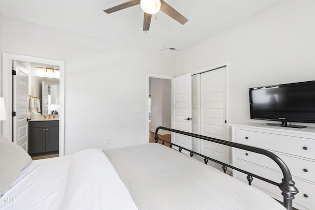 1928 Vandiver Way, Apex, NC 27523 - bedroom with ensuite bath, a closet, and a ceiling fan