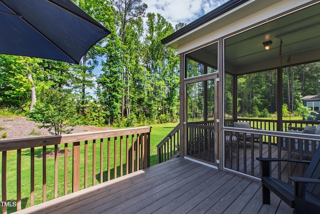 1928 Vandiver Way, Apex, NC 27523 - wooden deck with a sunroom and a lawn
