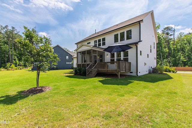 1928 Vandiver Way, Apex, NC 27523 - rear view of house with a sunroom, crawl space, a yard, a wooden deck, and central AC