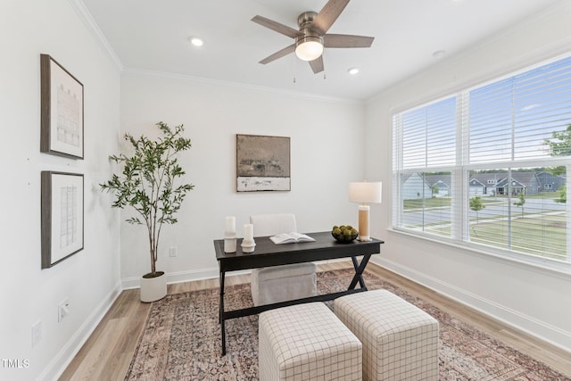 1625 Plover Cir, Fuquay Varina, NC 27526 - home office featuring light wood-style floors, ceiling fan, crown molding, and recessed lighting