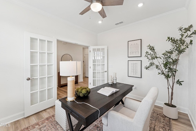 1625 Plover Cir, Fuquay Varina, NC 27526 - office area featuring light wood-type flooring, ornamental molding, a ceiling fan, french doors, and recessed lighting