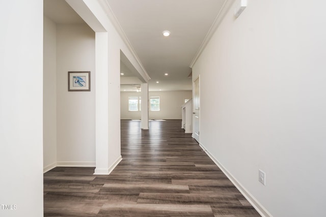 171 Piney Field Rd, Fuquay Varina, NC 27526 - corridor featuring ornamental molding, recessed lighting, dark wood-style flooring, and baseboards