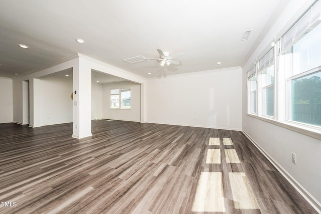 171 Piney Field Rd, Fuquay Varina, NC 27526 - unfurnished living room with wood finished floors, a ceiling fan, recessed lighting, baseboards, and crown molding