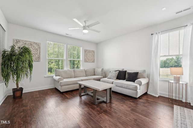475 Long View Dr, Franklinton, NC 27525 - living room with a ceiling fan, dark wood-type flooring, and baseboards