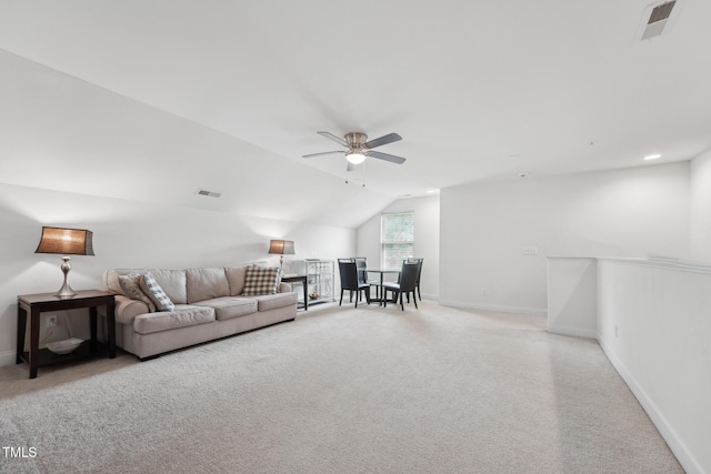 475 Long View Dr, Franklinton, NC 27525 - living room featuring a ceiling fan, vaulted ceiling, light carpet, and baseboards