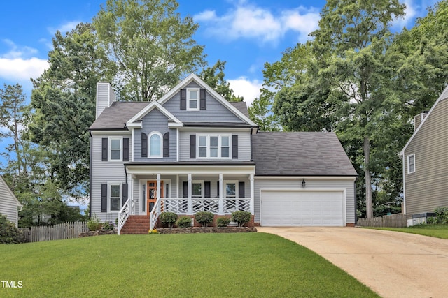 2721 Dahlgreen Rd, Raleigh, NC 27615 - traditional home featuring covered porch, a garage, concrete driveway, a chimney, and roof with shingles