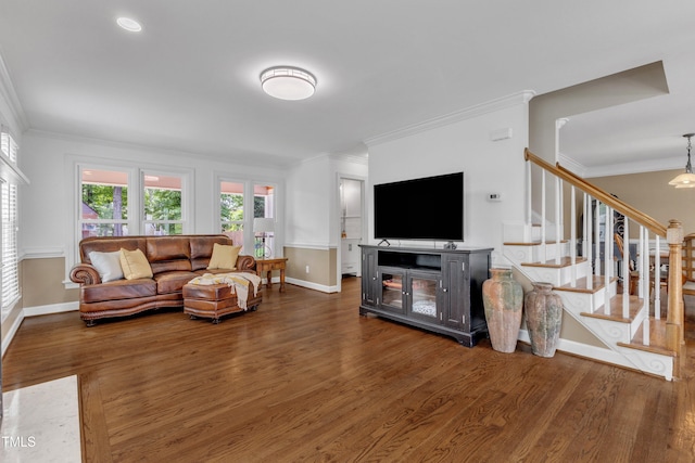 2721 Dahlgreen Rd, Raleigh, NC 27615 - living room featuring wood finished floors, baseboards, stairs, and crown molding