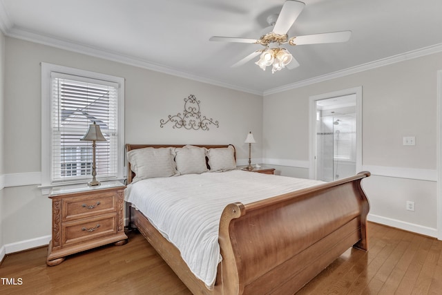 2721 Dahlgreen Rd, Raleigh, NC 27615 - bedroom featuring light wood finished floors, ornamental molding, baseboards, ceiling fan, and connected bathroom