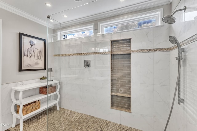 2721 Dahlgreen Rd, Raleigh, NC 27615 - bathroom featuring walk in shower, crown molding, and recessed lighting