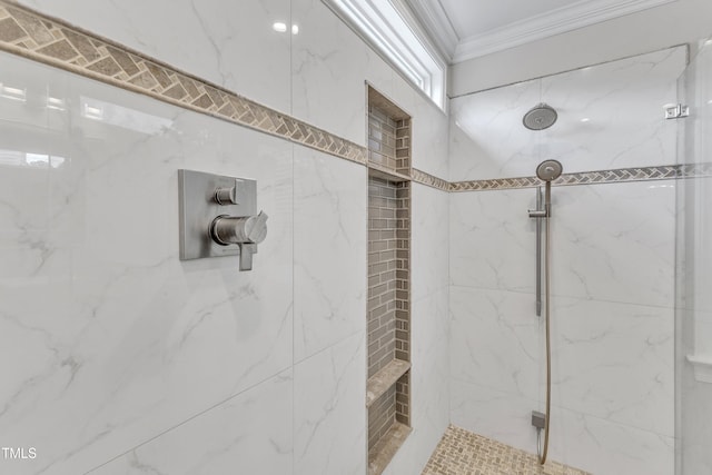 2721 Dahlgreen Rd, Raleigh, NC 27615 - bathroom with ornamental molding and a marble finish shower