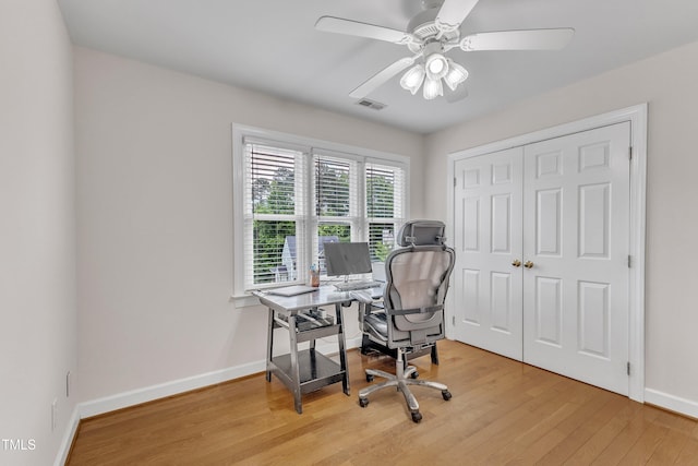 2721 Dahlgreen Rd, Raleigh, NC 27615 - home office featuring light wood-type flooring, ceiling fan, and baseboards