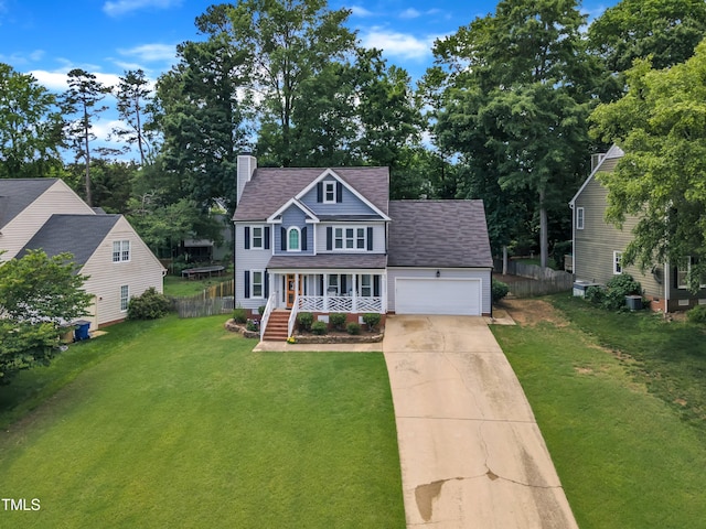 2721 Dahlgreen Rd, Raleigh, NC 27615 - view of front of house with covered porch, driveway, a garage, a chimney, and a shingled roof