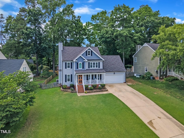 2721 Dahlgreen Rd, Raleigh, NC 27615 - view of front of home with covered porch, a chimney, driveway, a garage, and a shingled roof