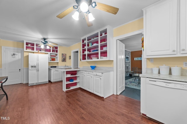 1605 Longview Ave, Tarboro, NC 27886 - kitchen featuring white appliances, open shelves, a ceiling fan, light countertops, and white cabinetry