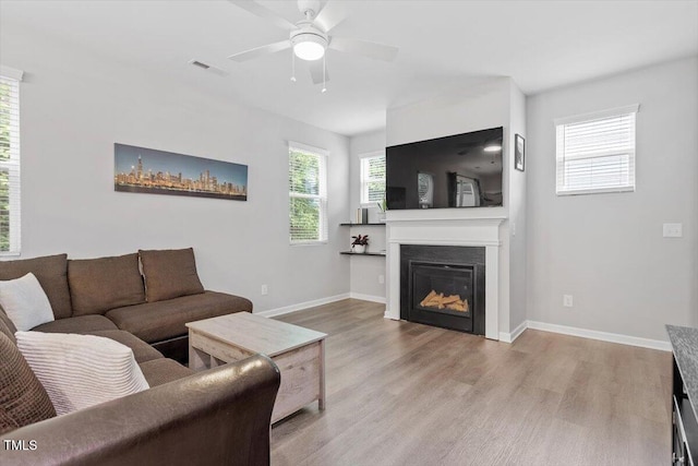 320 Everly Mist Way, Wake Forest, NC 27587 - living room with wood finished floors, baseboards, a glass covered fireplace, and ceiling fan