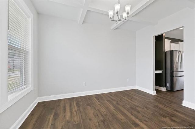 1307 Water Leaf Dr, Fayetteville, NC 28314 - unfurnished dining area featuring a chandelier, dark wood finished floors, beam ceiling, baseboards, and coffered ceiling