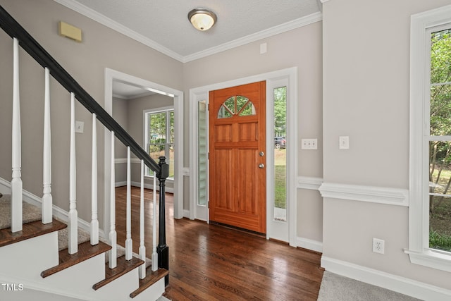 1005 Barmkin Pl, Knightdale, NC 27545 - foyer with plenty of natural light, dark wood-style floors, stairs, baseboards, and ornamental molding