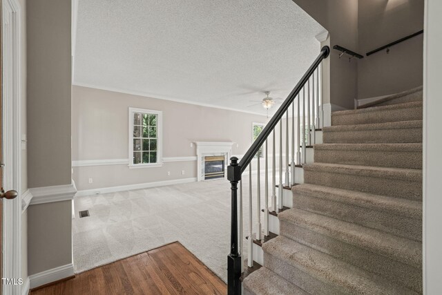 1005 Barmkin Pl, Knightdale, NC 27545 - staircase featuring ceiling fan, a premium fireplace, a textured ceiling, baseboards, and carpet flooring