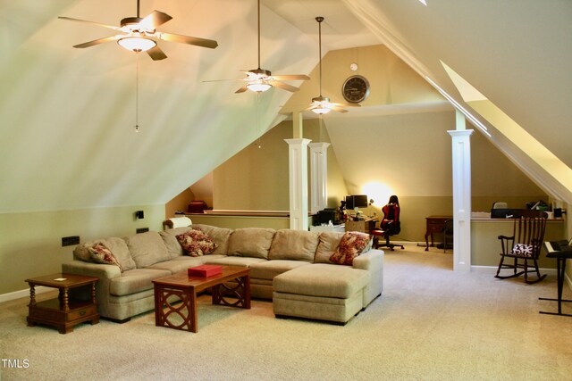 3750 Mebane Rogers Rd, Mebane, NC 27302 - living area with carpet, vaulted ceiling, ceiling fan, and baseboards