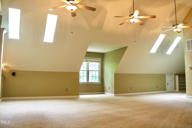 3750 Mebane Rogers Rd, Mebane, NC 27302 - bonus room featuring a skylight, carpet, a ceiling fan, lofted ceiling, and baseboards