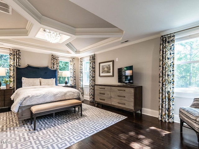 2303 Byrd St, Raleigh, NC 27608 - bedroom featuring multiple windows, wood finished floors, ornamental molding, baseboards, and a chandelier