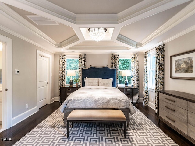 2303 Byrd St, Raleigh, NC 27608 - bedroom featuring a chandelier, wood finished floors, ornamental molding, baseboards, and coffered ceiling