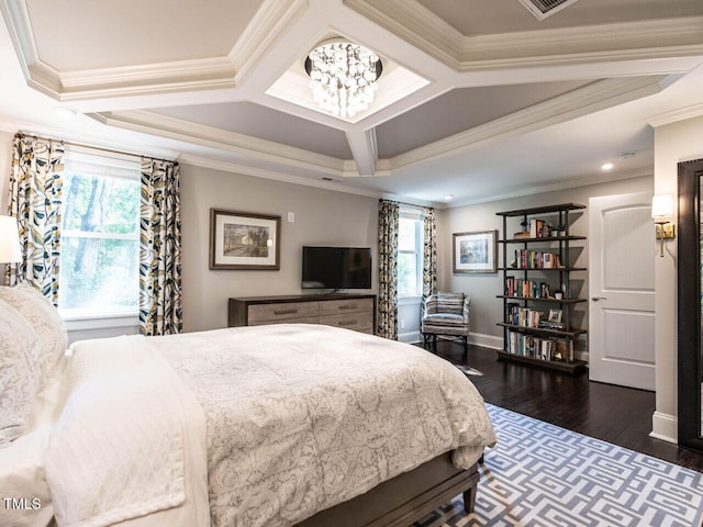 2303 Byrd St, Raleigh, NC 27608 - bedroom with wood finished floors, crown molding, a chandelier, baseboards, and recessed lighting
