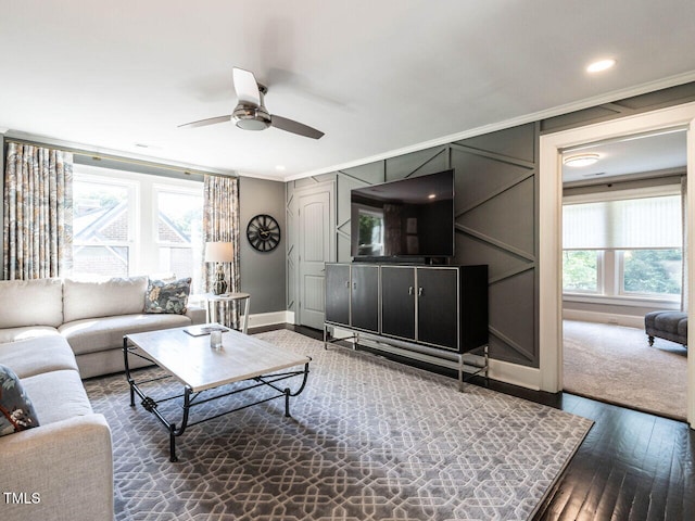 2303 Byrd St, Raleigh, NC 27608 - living room featuring crown molding, ceiling fan, dark wood-style floors, baseboards, and recessed lighting