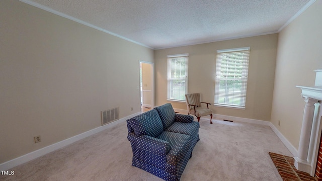sitting room with ornamental molding, a textured ceiling, light carpet, and baseboards